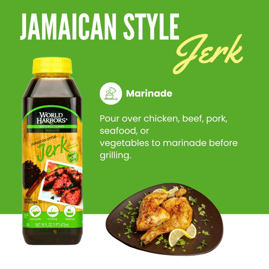 World Harbors Jerk Sauce glaze applied to sizzling chicken on grill.