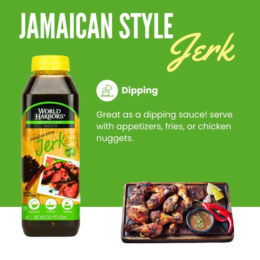 World Harbors Jerk Sauce over grilled shrimp skewers for dipping.