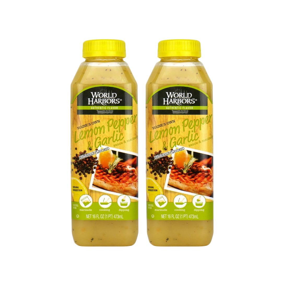 World Harbors Lemon Pepper Garlic Sauce bottle pouring to boost flavor