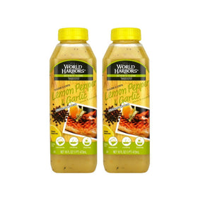 World Harbors Lemon Pepper Garlic Sauce bottle pouring to boost flavor