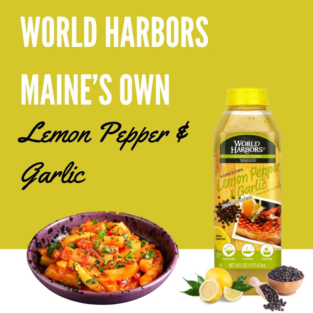 World Harbors Lemon Pepper Garlic Sauce pack showing two bottles