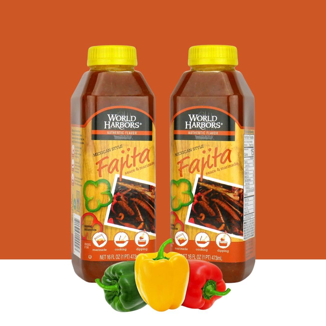 World Harbors Mexican Style Fajita Marinade bottle back label showing ingredients and tips