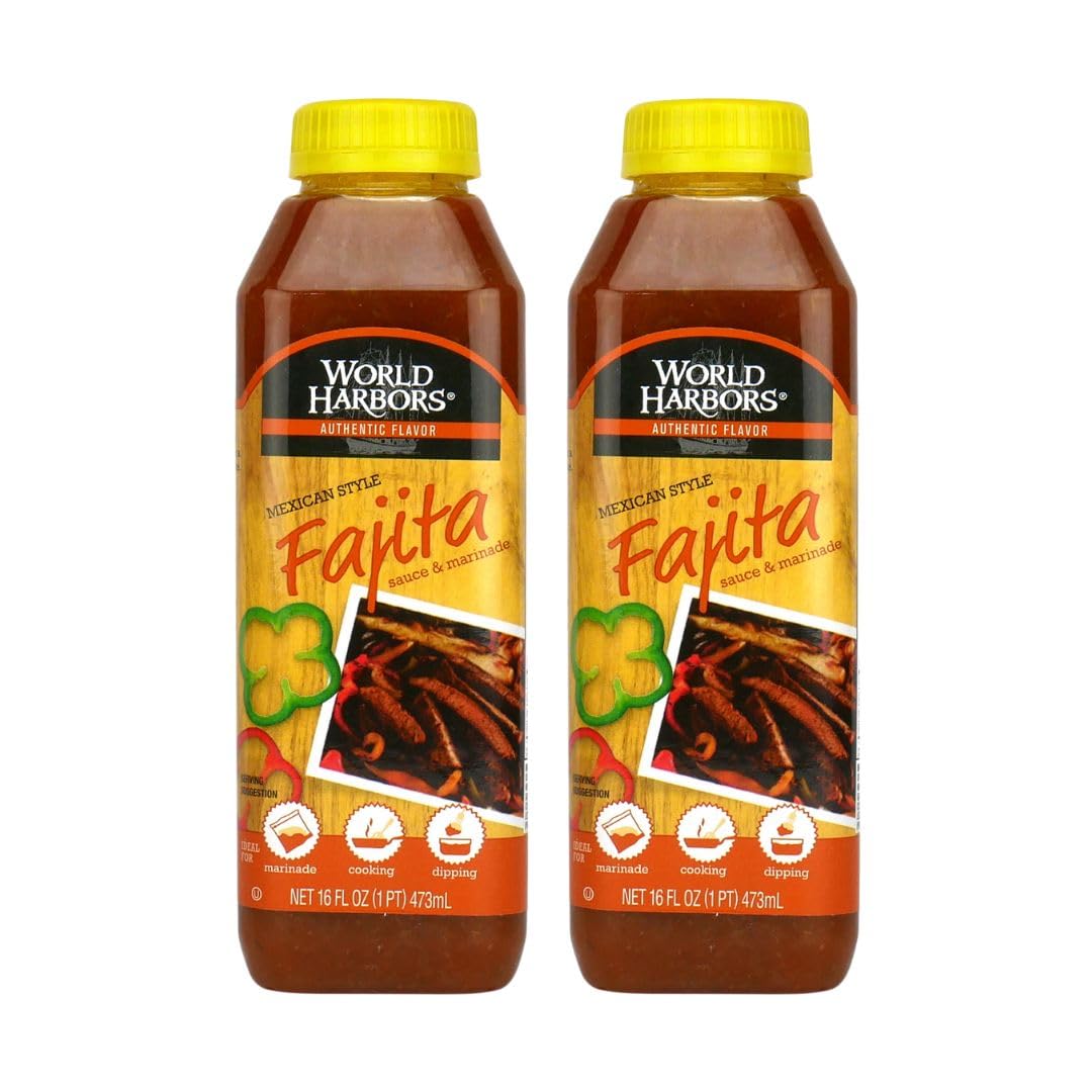World Harbors Mexican Style Fajita Marinade bottle close-up enhances grilling flavor
