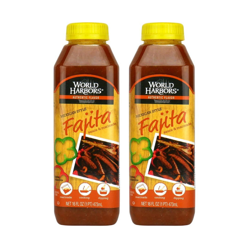 World Harbors Mexican Style Fajita Marinade bottle close-up enhances grilling flavor