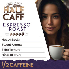 World's Best Half Caff Arabica beans close-up emphasizing premium origins.