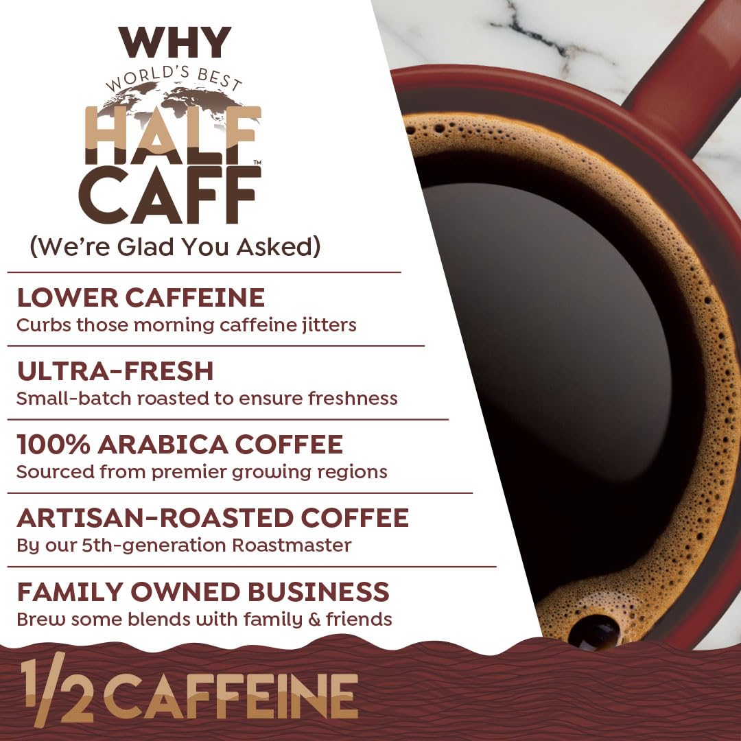 World's Best Half Caff Caramel brew pour illustrating smooth finish