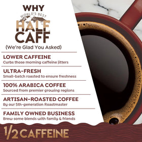 World's Best Half Caff Caramel brew pour illustrating smooth finish
