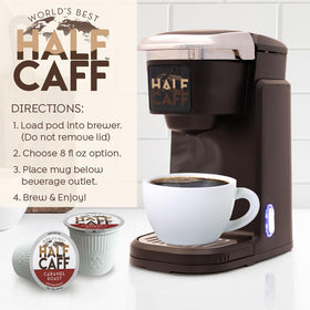 World's Best Half Caff Caramel pods beside Keurig machine ready to brew