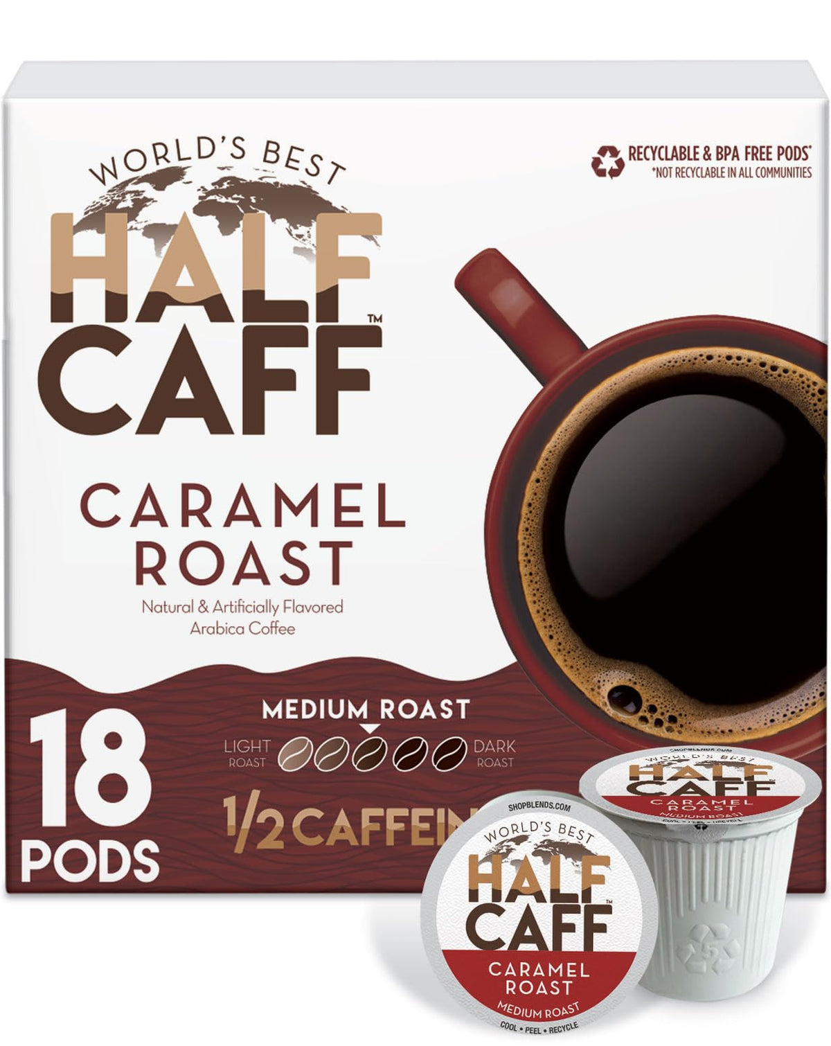 World's Best Half Caff Caramel Pods packaging highlighting eco-friendly design and recyclability