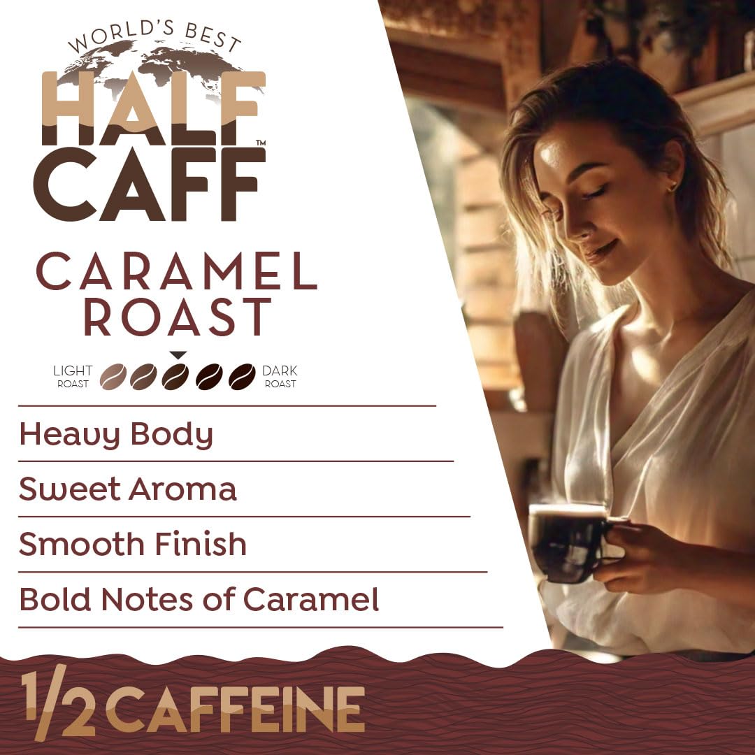 World's Best Half Caff Caramel roast close-up emphasizing bold flavor