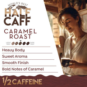 World's Best Half Caff Caramel roast close-up emphasizing bold flavor