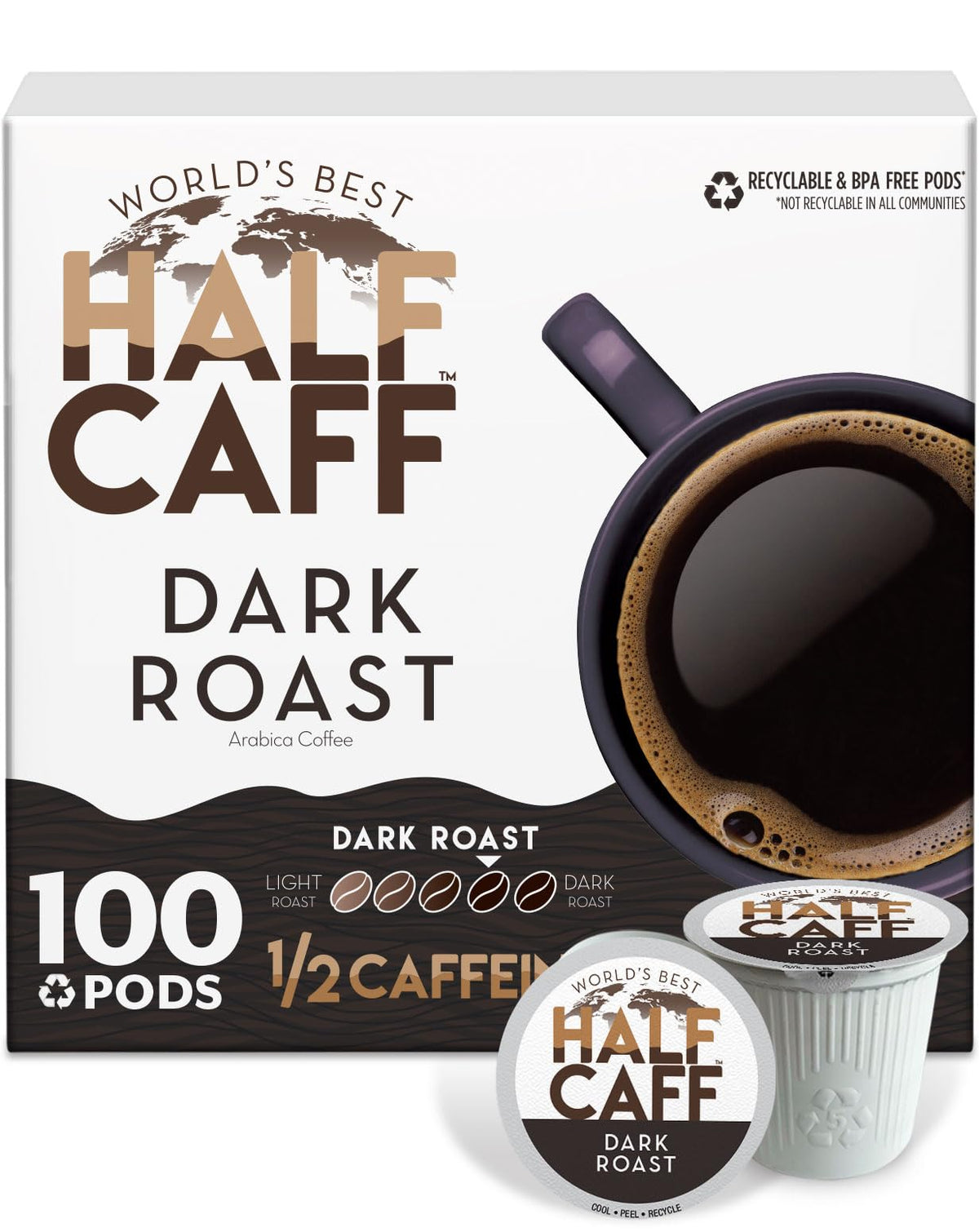 World's Best Half Caff dark roast pods in a box for bold flavor.