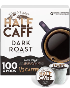 World's Best Half Caff dark roast pods in a box for bold flavor.