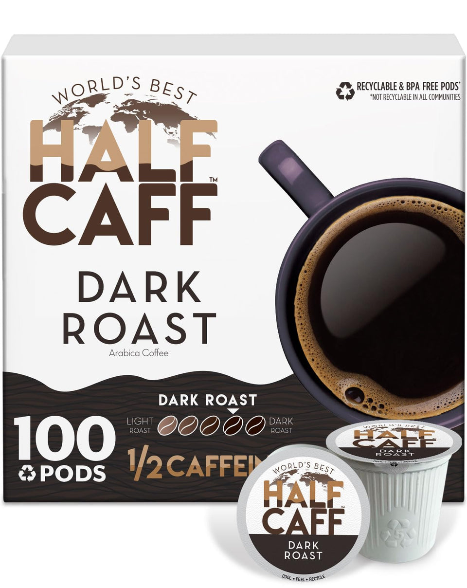 World's Best Half Caff dark roast pods in a box for bold flavor.