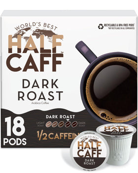 World's Best Half Caff pack shot showing Keurig-compatible pods