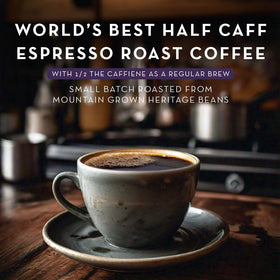 World's Best Half Caff espresso pods cup steam close-up highlighting bold aroma.