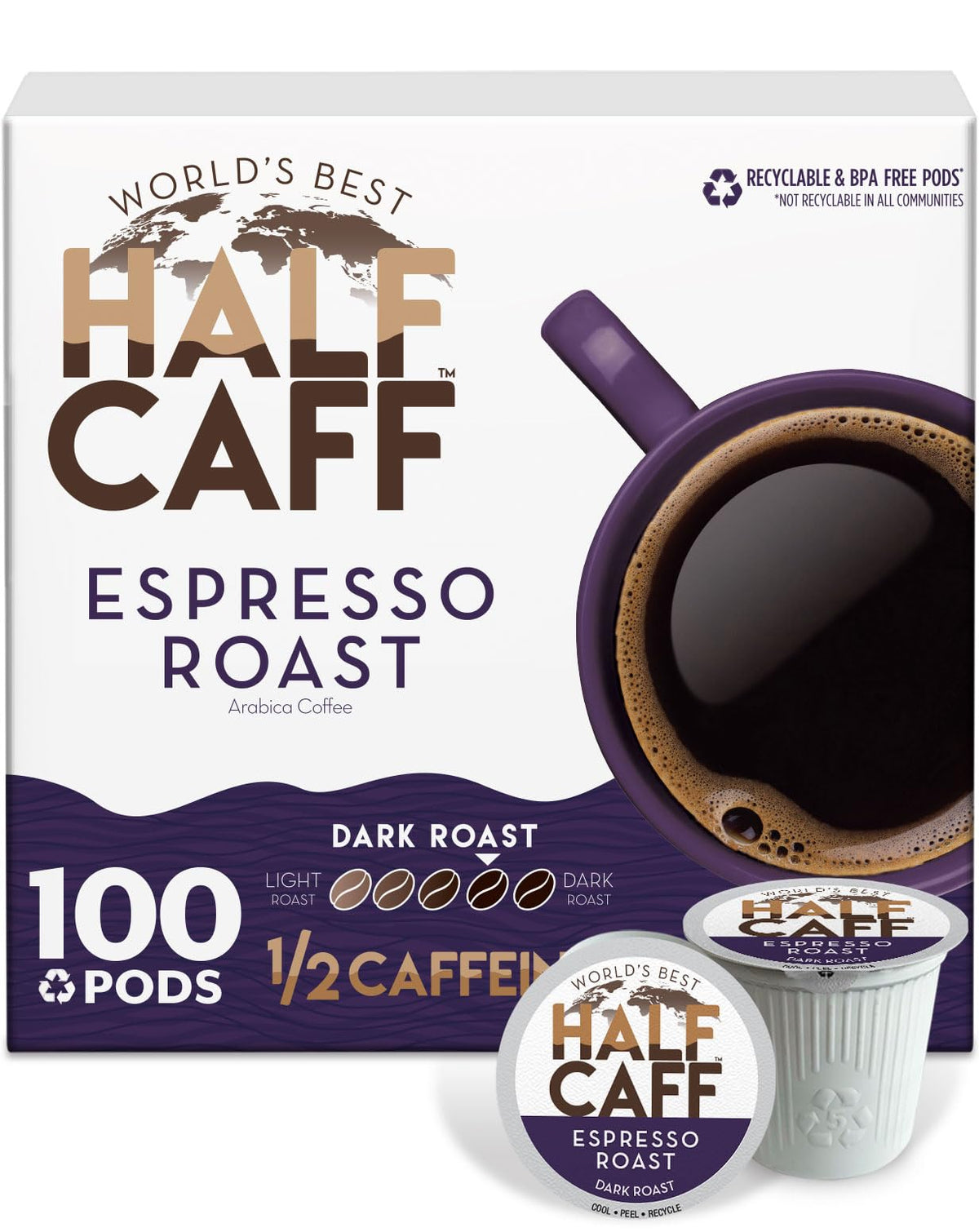 World's Best Half Caff espresso pods pack front for bold, half-caffeinated flavor.