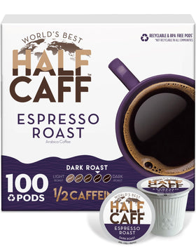 World's Best Half Caff espresso pods pack front for bold, half-caffeinated flavor.