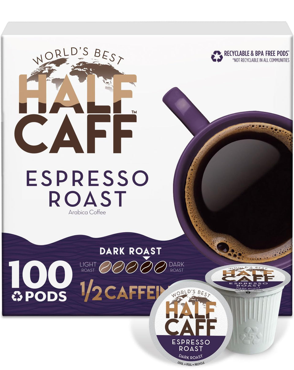 World's Best Half Caff espresso pods pack front for bold, half-caffeinated flavor.