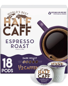 World's Best Half Caff espresso pods pack shot showing bold packaging and label