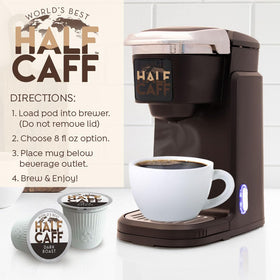 K-Cup compatible World's Best Half Caff pods ready for Keurig machines.