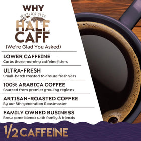 World's Best Half Caff K-Cup compatibility image demonstrates easy single-serve use.