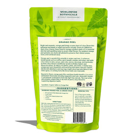 Closeup of Worldwide Botanicals orange peel granules highlighting aroma and color.