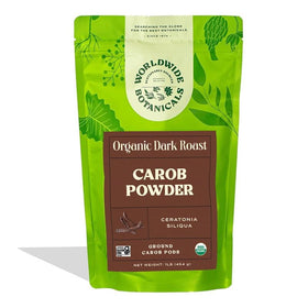 Worldwide Botanicals carob powder dark roast in bag, rich flavor and cocoa substitute.