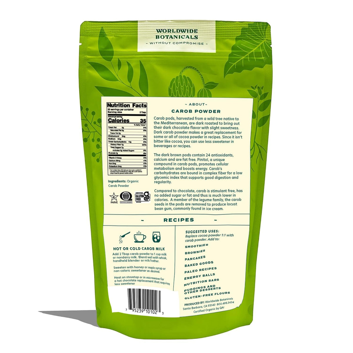 Worldwide Botanicals carob powder hot milk cup, caffeine-free treat for any time.