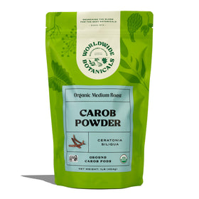 Worldwide Botanicals carob powder medium roast jar shows natural sweetness for baking