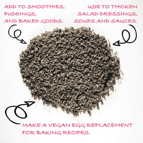 Worldwide Botanicals chia seeds ground texture bowl closeup highlights protein and omega.