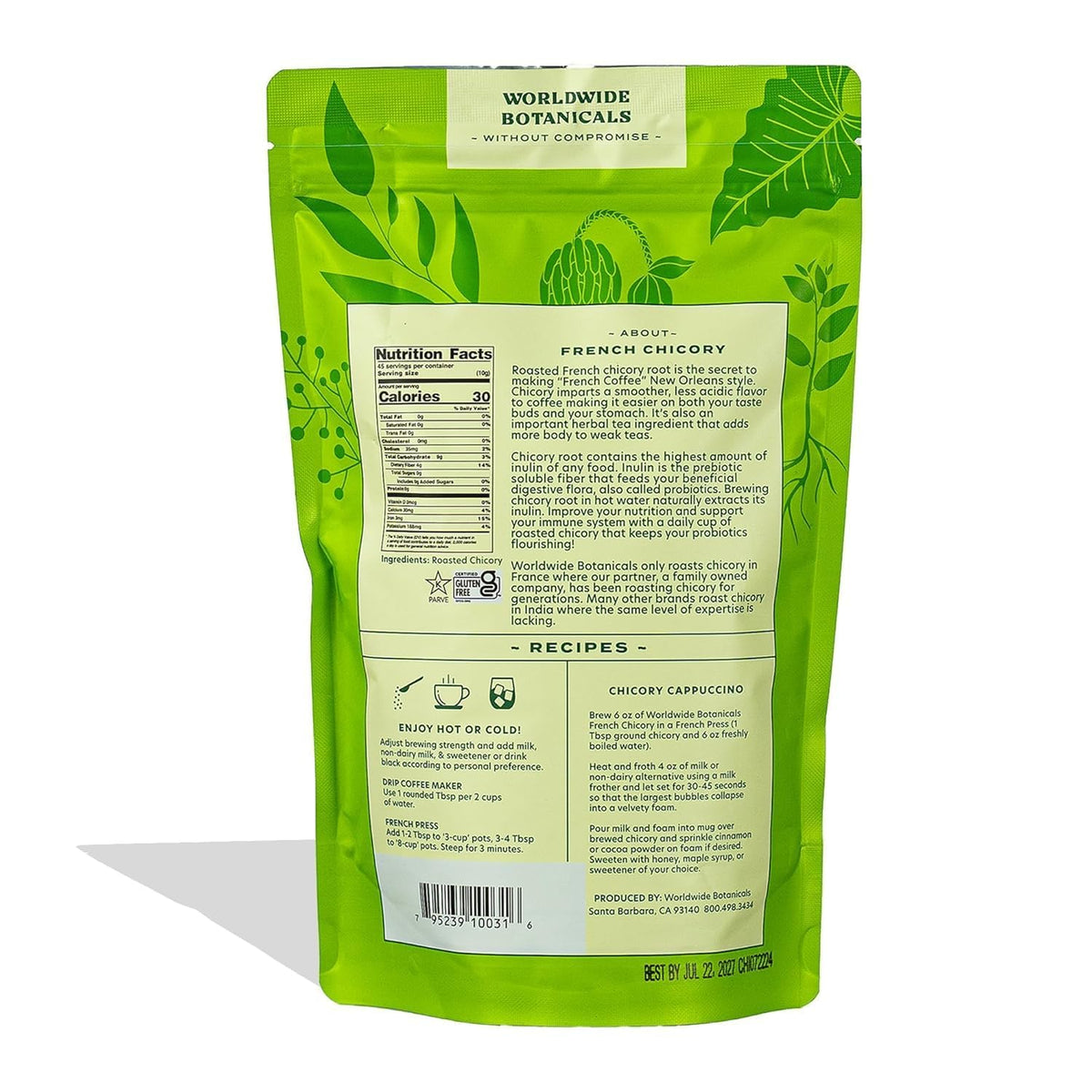 Worldwide Botanicals chicory root bag back shows sustainable sourcing and shelf life