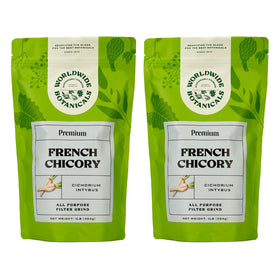 Worldwide Botanicals French Chicory Root bag front view, caffeine-free and premium roasted blend