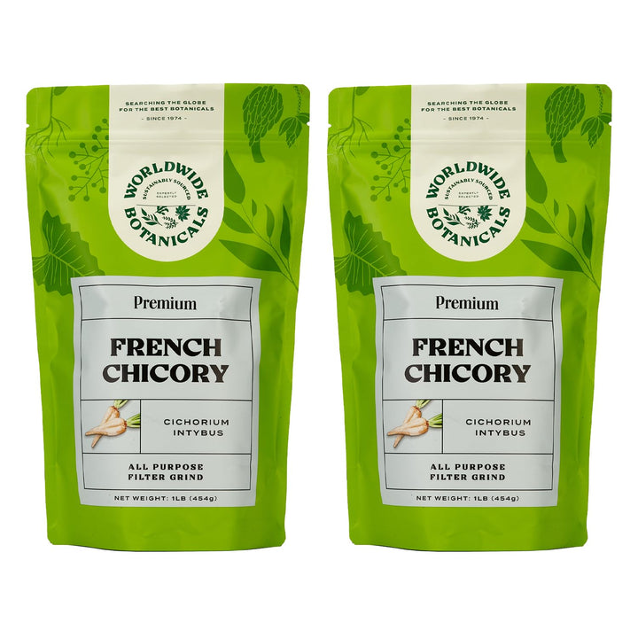 Worldwide Botanicals French Chicory Root bag front view, caffeine-free and premium roasted blend