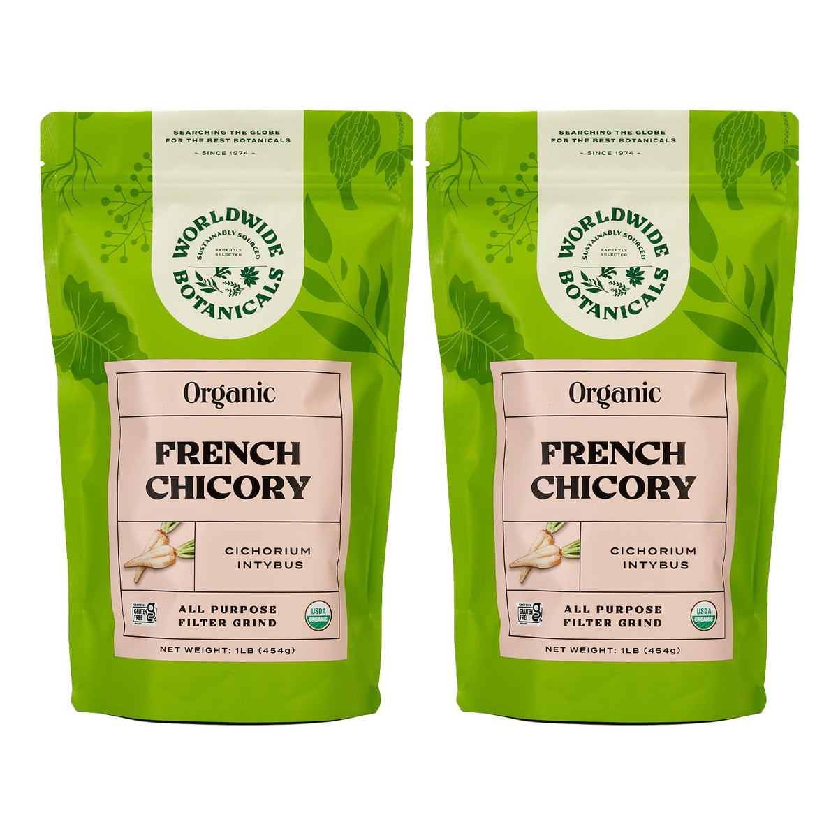 Worldwide Botanicals organic chicory root packaging highlighting premium quality for coffee alternatives.