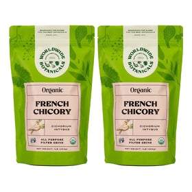 Worldwide Botanicals organic chicory root packaging highlighting premium quality for coffee alternatives.