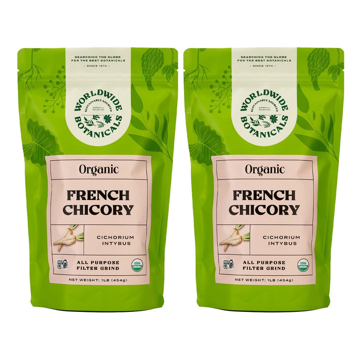 Worldwide Botanicals organic chicory root packaging highlighting premium quality for coffee alternatives.