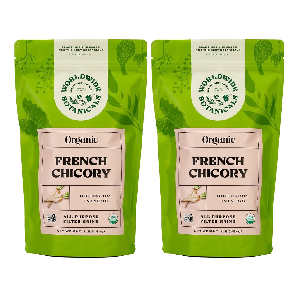 Worldwide Botanicals organic chicory root packaging highlighting premium quality for coffee alternatives.