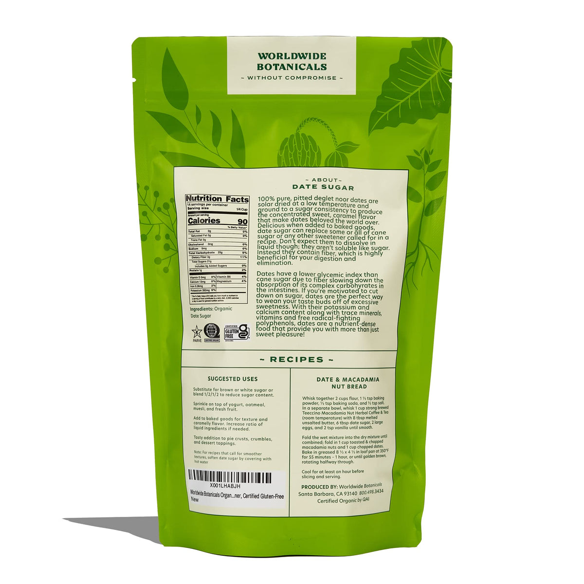Worldwide Botanicals date sugar bag with resealable packaging keeps freshness.
