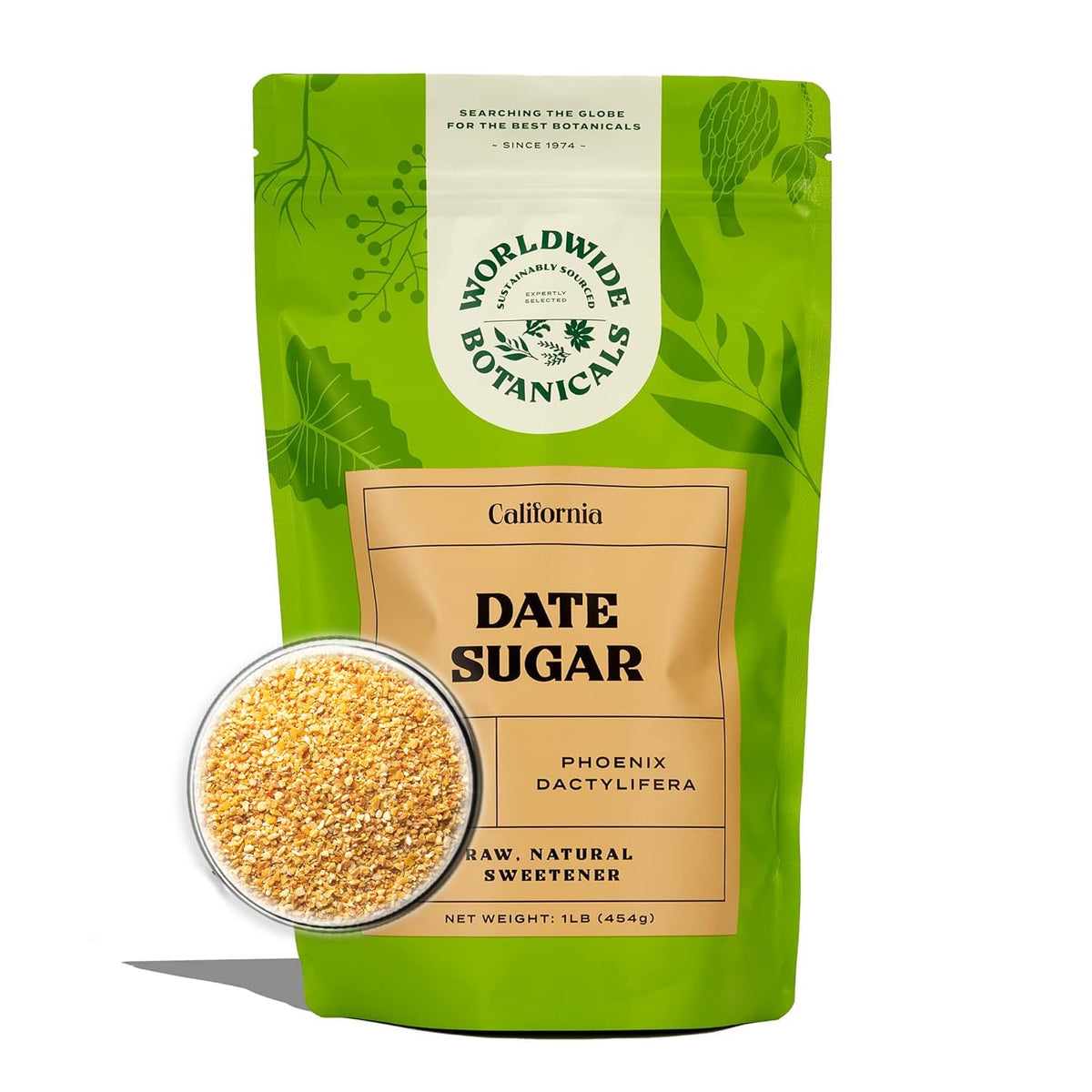 Worldwide Botanicals date sugar granules in a bottle for baking texture and depth
