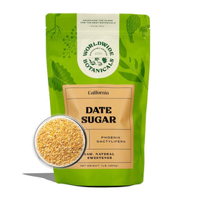 Worldwide Botanicals date sugar granules in a bottle for baking texture and depth