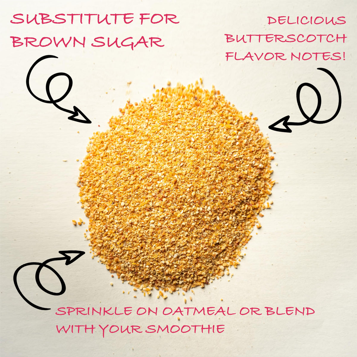 Close-up of Worldwide Botanicals date sugar granules with caramel aroma for baking