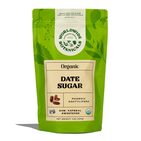 Worldwide Botanicals date sugar jar showing pure organic powder for baking.