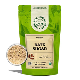Worldwide Botanicals date sugar label emphasizes gluten-free organic quality.