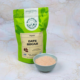 Close-up of Worldwide Botanicals date sugar highlighting fiber and antioxidants.