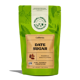 Worldwide Botanicals resealable bag of date sugar preserves freshness and flavor