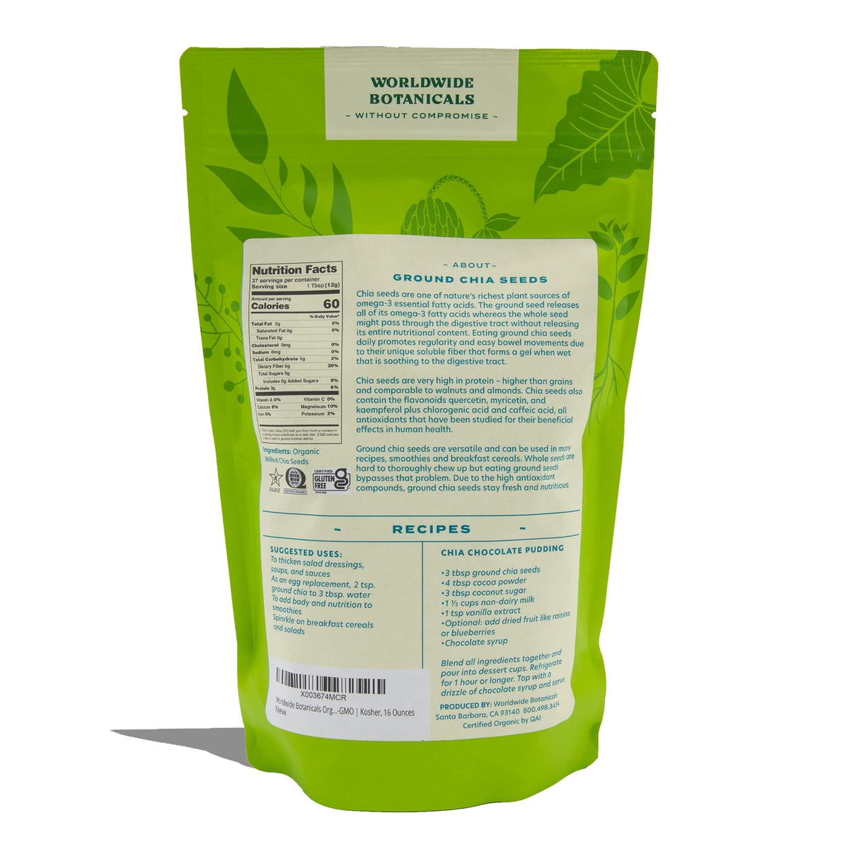 Worldwide Botanicals gluten-free non-GMO chia seeds ideal for breakfast boosts.