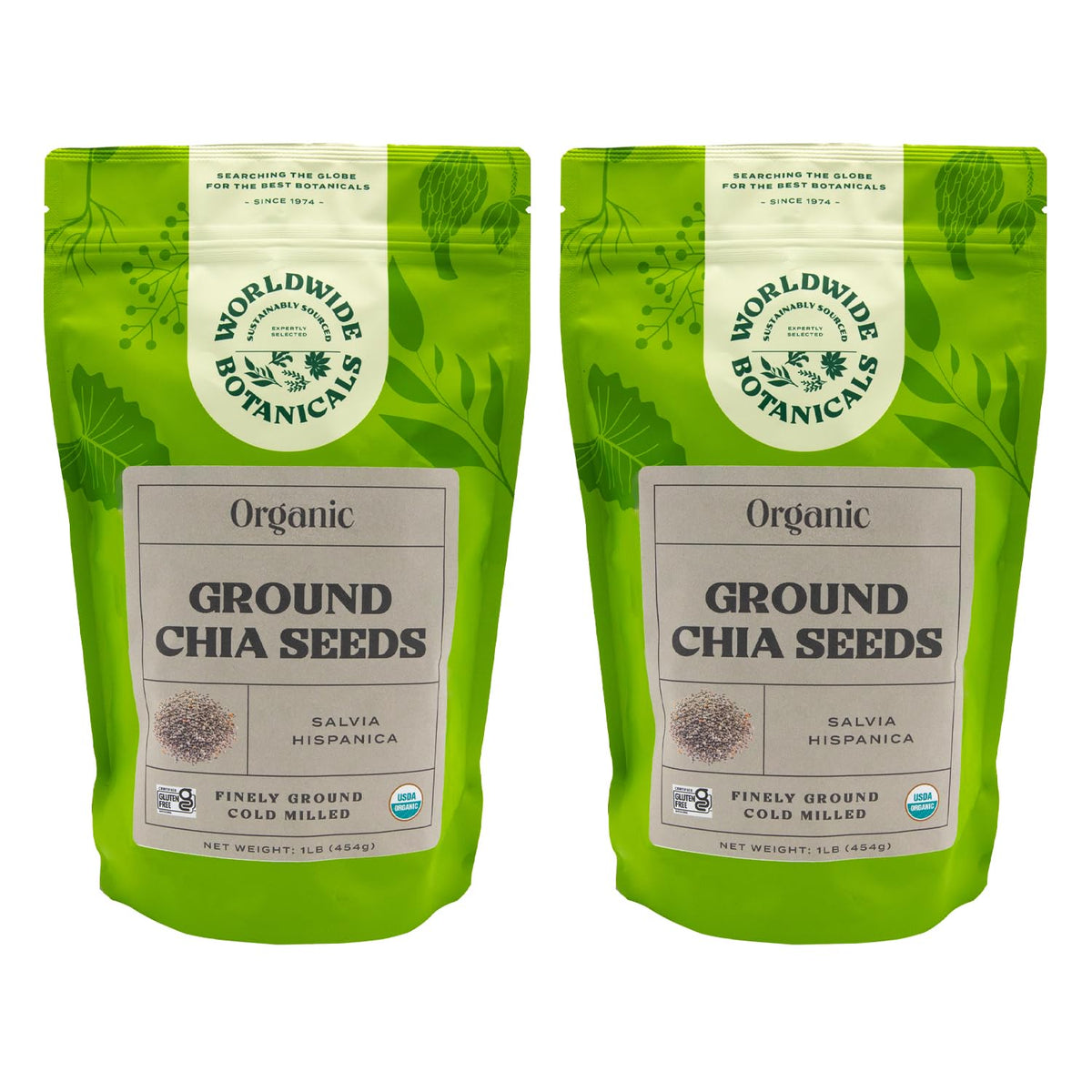 Worldwide Botanicals ground chia seeds bottle showing omega-3 and fiber content.