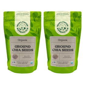Worldwide Botanicals ground chia seeds bottle showing omega-3 and fiber content.