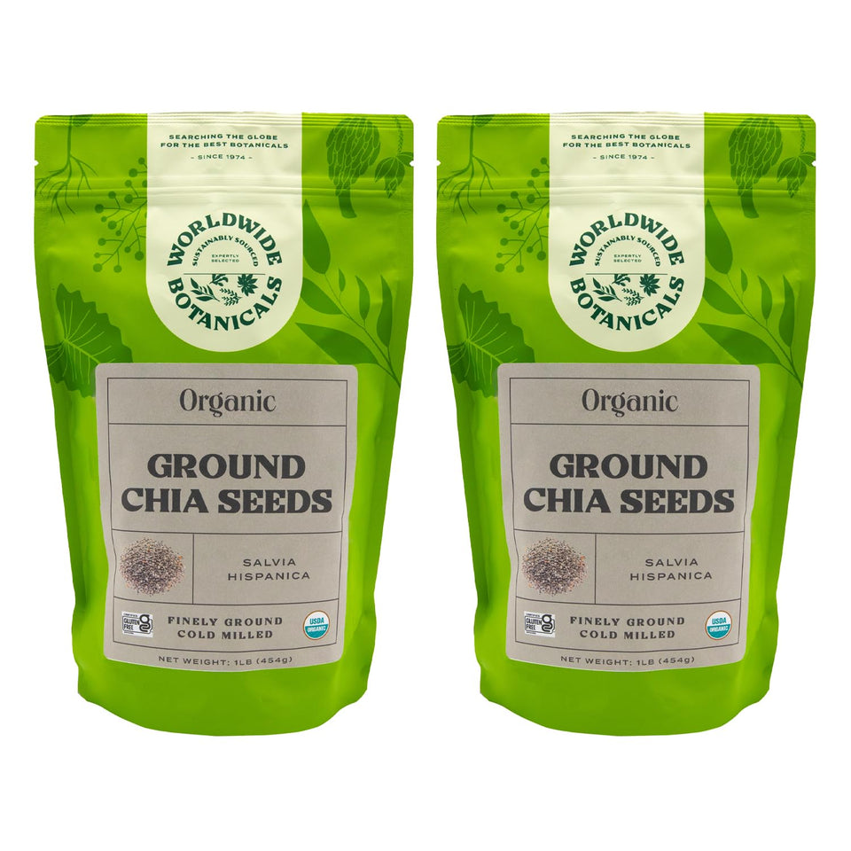 Worldwide Botanicals ground chia seeds bottle showing omega-3 and fiber content.